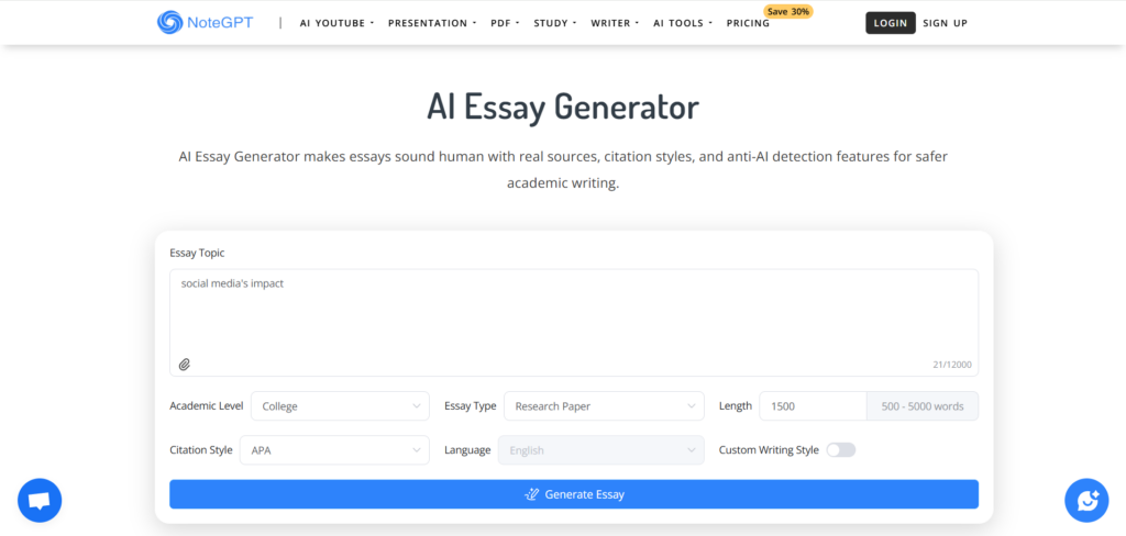 NoteGPT AI Essay Writer