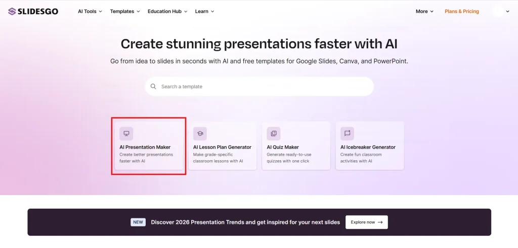 Slidesgo Review 2026: The Best AI Presentation Tool for Teachers & Students? 4 Selecting the AI Presentation Maker card on the Slidesgo main menu
