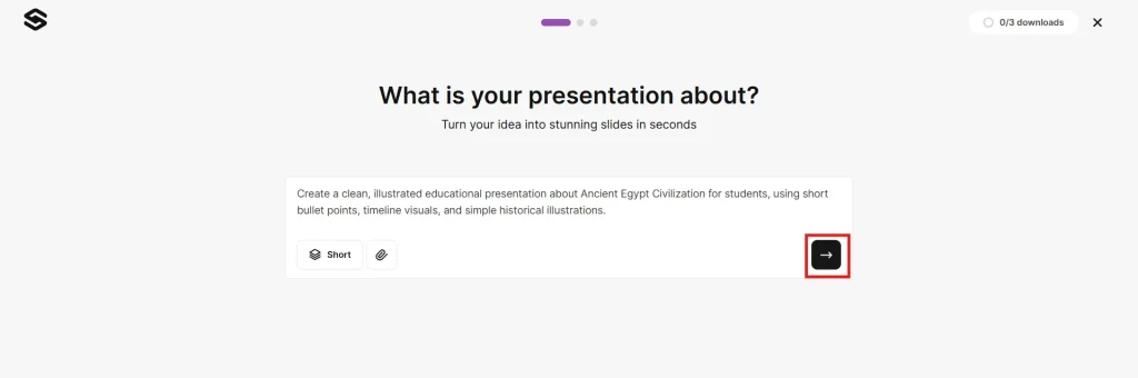 Slidesgo Review 2026: The Best AI Presentation Tool for Teachers & Students? 5 Setting up an AI presentation prompt with slide length and file upload options on Slidesgo