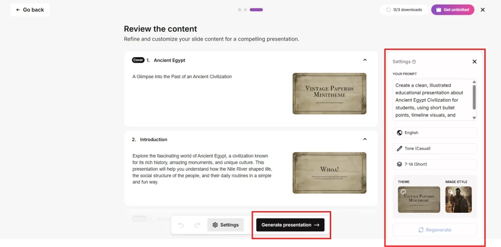 Slidesgo Review 2026: The Best AI Presentation Tool for Teachers & Students? 7 Reviewing AI generated slide content and the final download button in Slidesgo