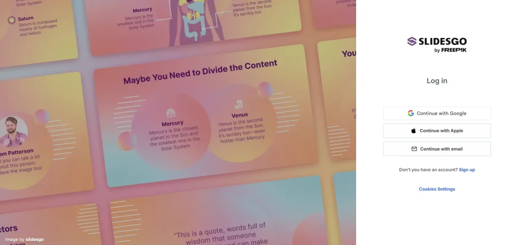 Slidesgo Review 2026: The Best AI Presentation Tool for Teachers & Students? 3 Slidesgo login screen with Google and Apple account sign-in options